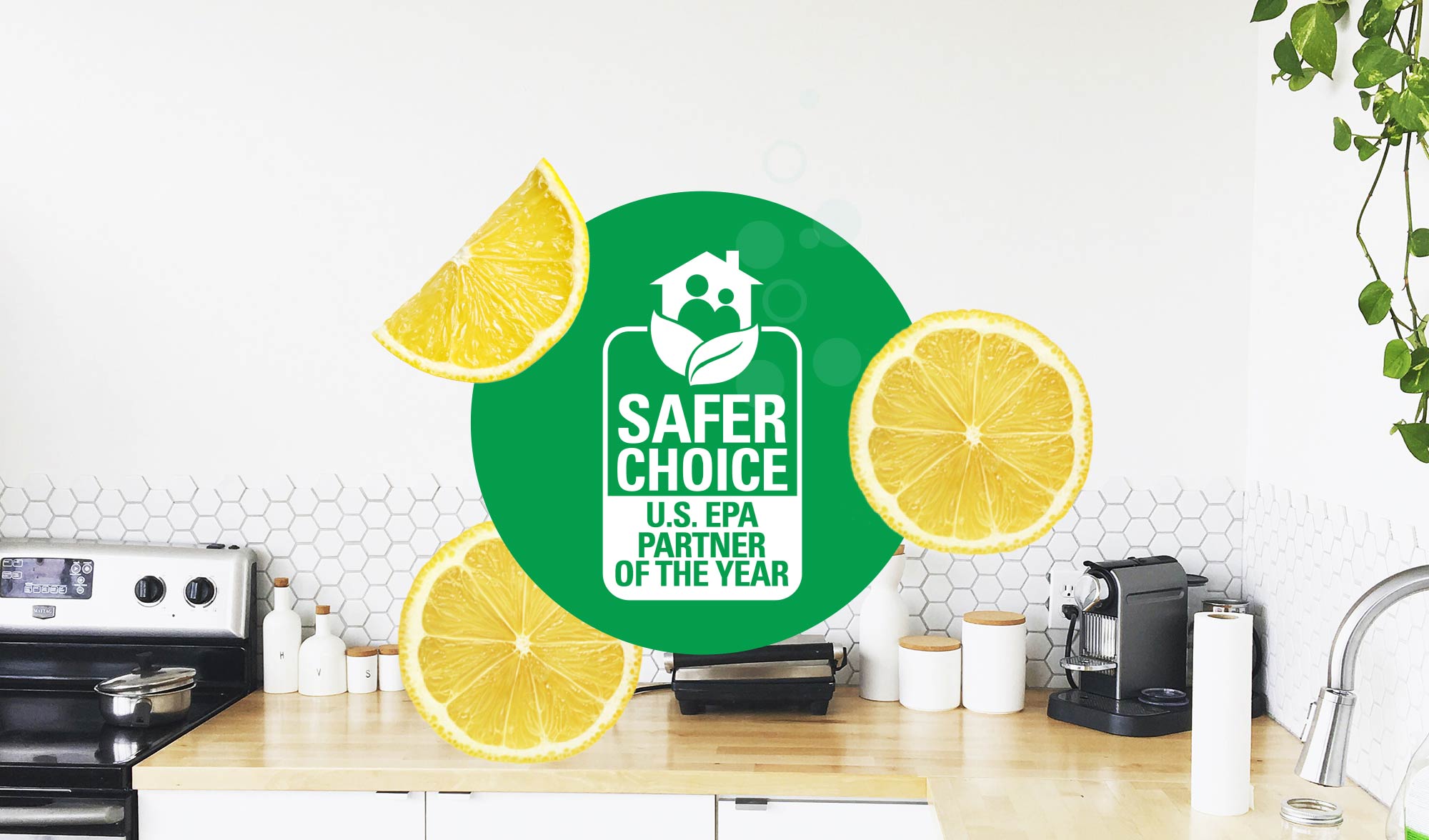 EPA Safer Choice Partner of the year label with imagery of lemons and a clean kitchen 