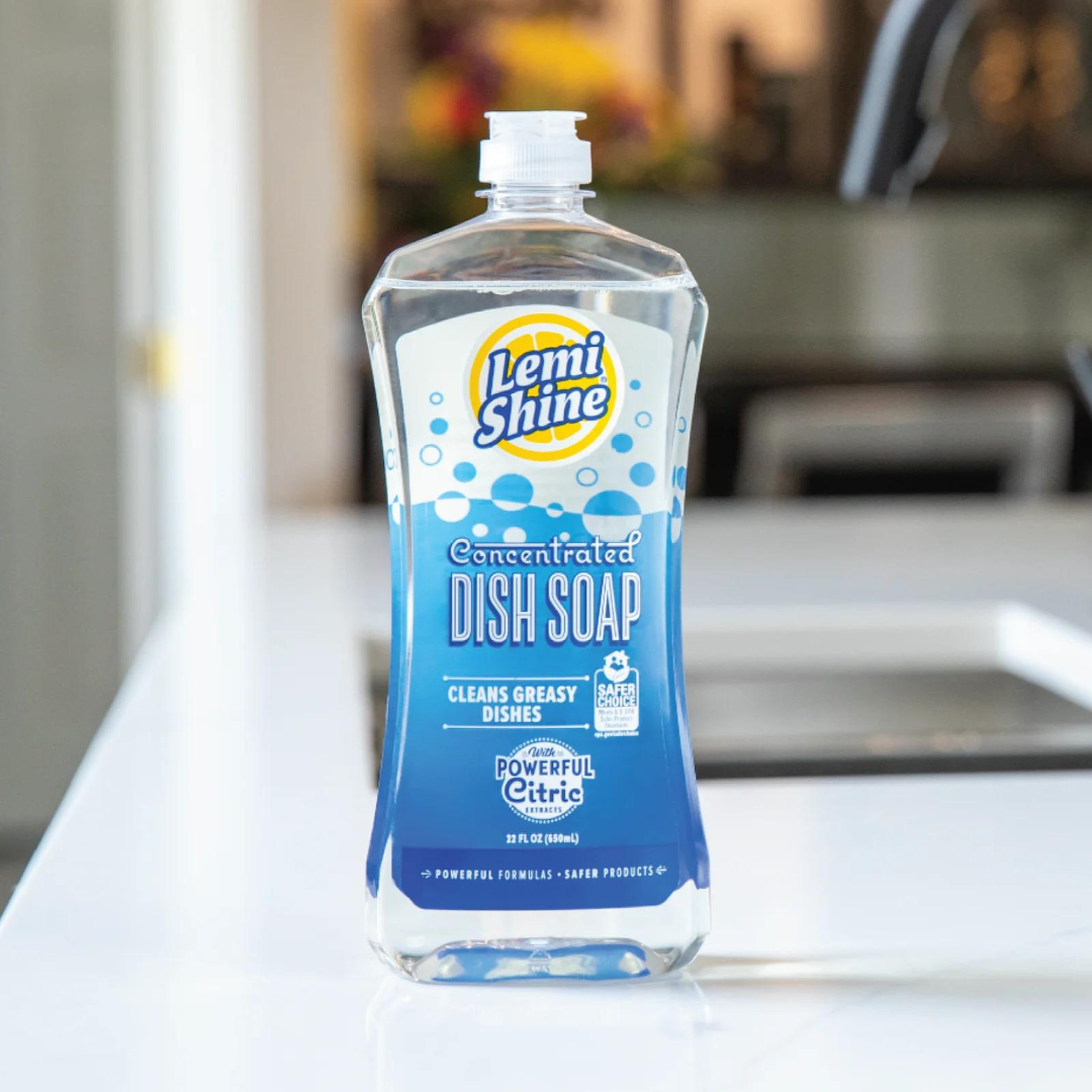 image of lemi shine's concentrated dish soap on a kitchen counter 