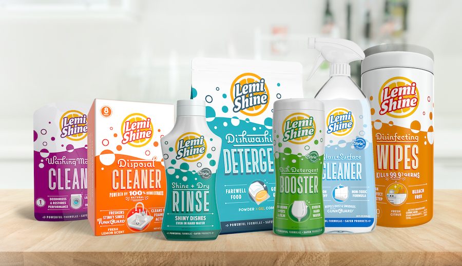 line up of Lemi Shine products on counter 