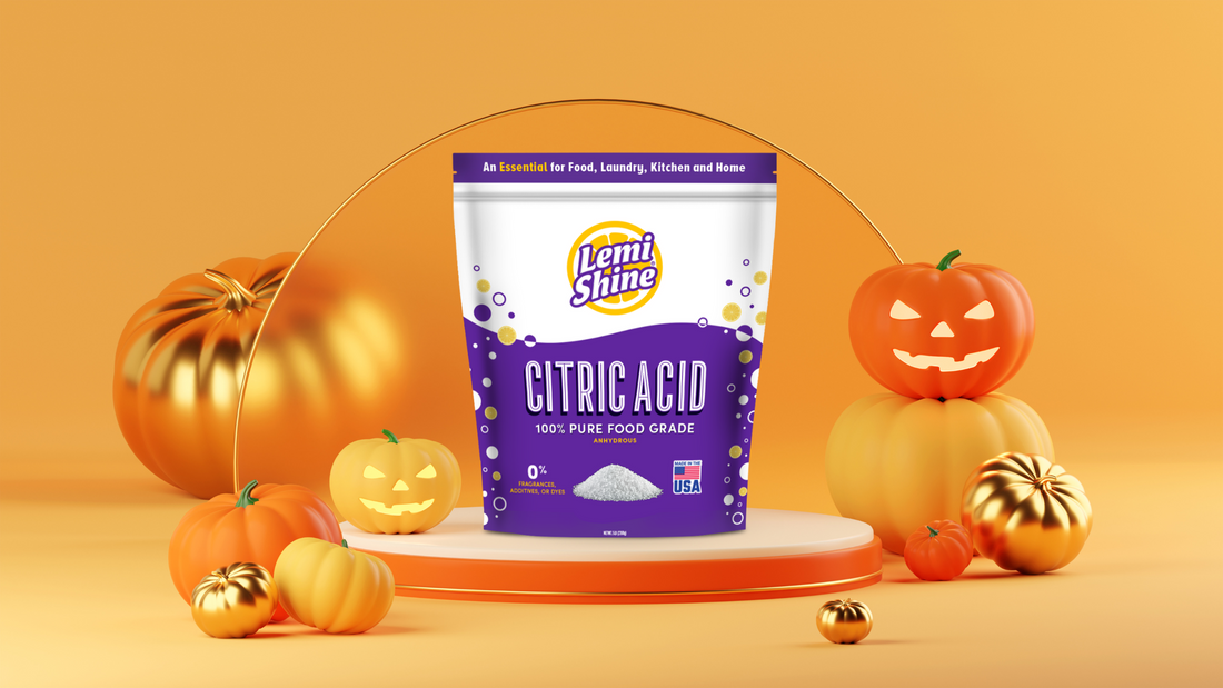 halloween themed banner with an image of lemi shine 100% food grade citric acid, with halloween pumpkins 