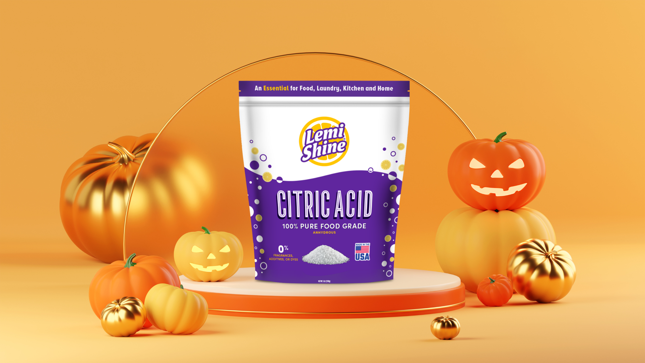 halloween themed banner with an image of lemi shine 100% food grade citric acid, with halloween pumpkins 