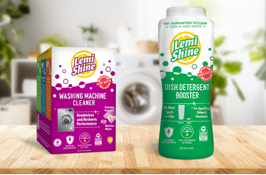 laundry machine in background. focus on lemi shine's washing machine cleaner and dish detergent booster