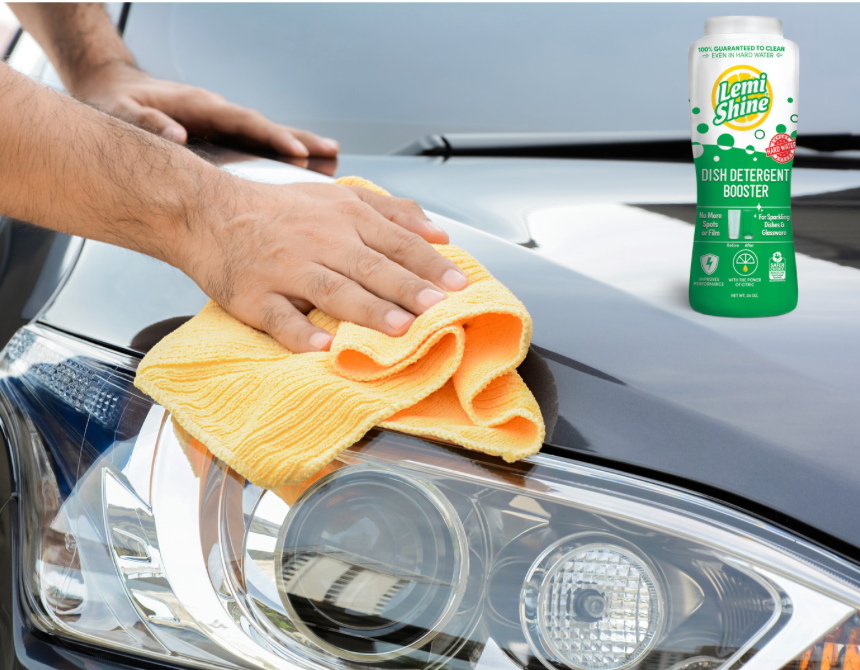 man using microfiber cloth to clean car headlights using Lemi Shine's Dish Detergent Booster 
