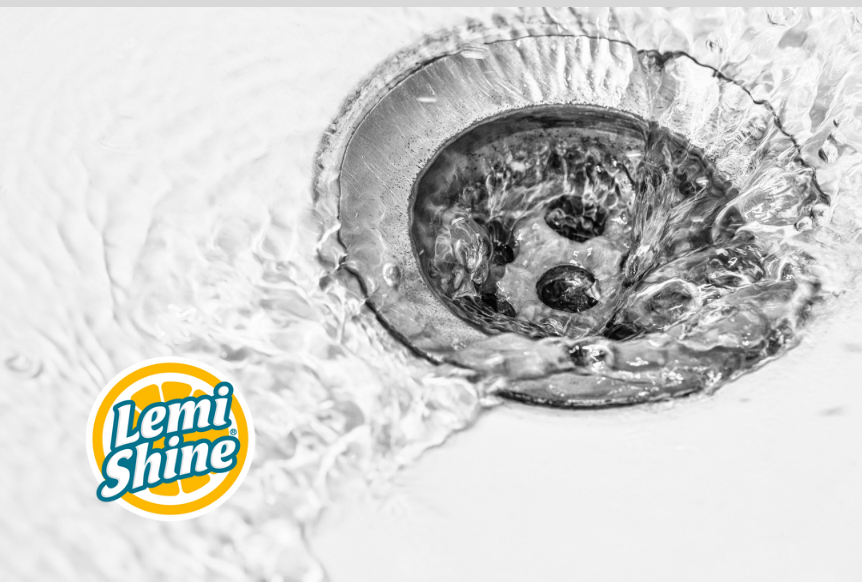 image of water going down drain with a Lemi Shine logo 
