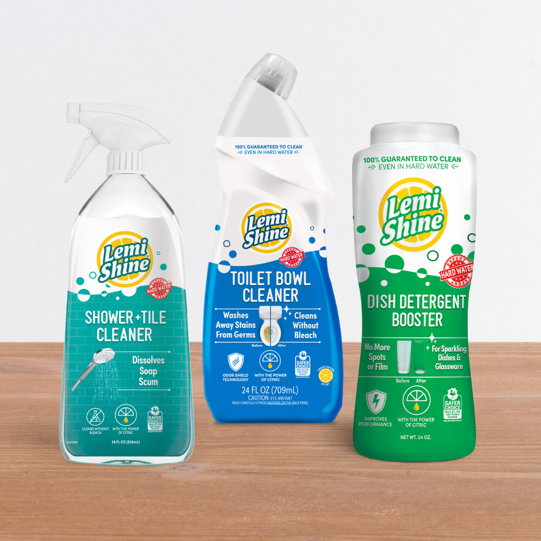 Lemi shine products lined up, shower and tile cleaner, toilet bowl cleaner and dish detergent booster 