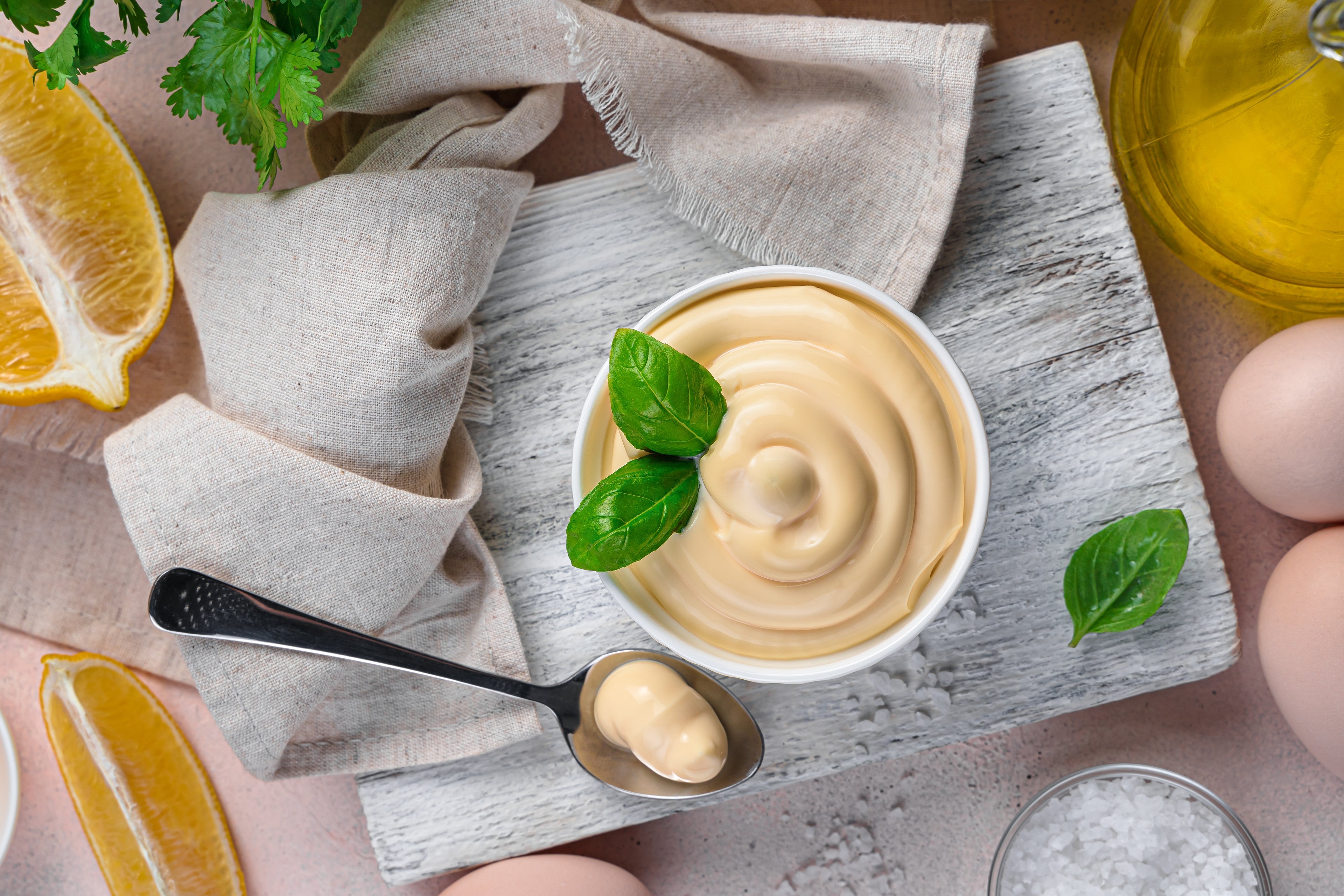 overview shot of mayonnaise and lemons 