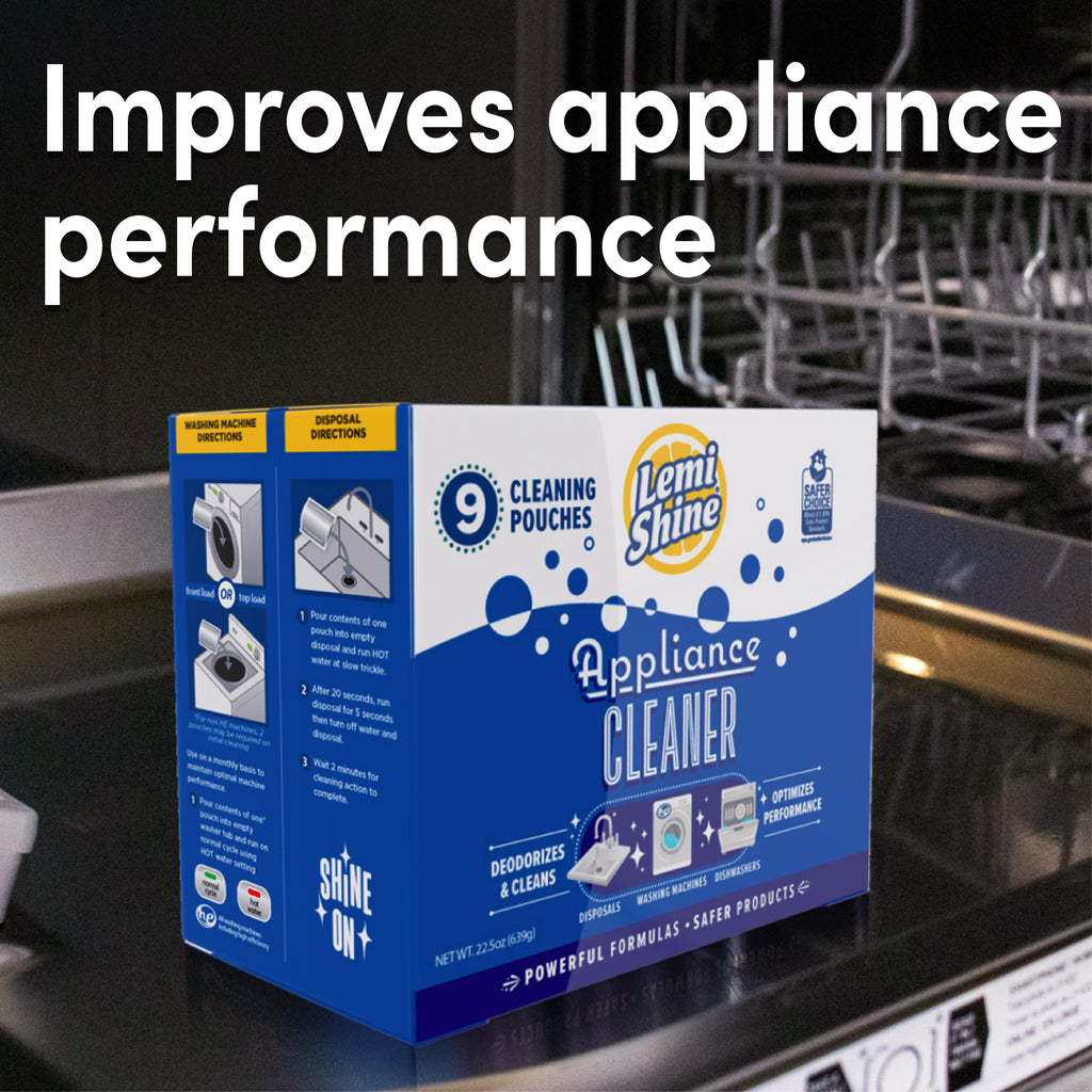 Box of Lemi Shine Appliance Cleaner on a dishwasher with text 'Improves appliance performance'.