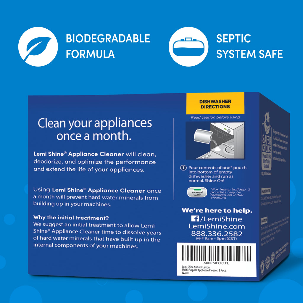 Lemi Shine Appliance Cleaner box with biodegradable and septic system safe labels on a blue background