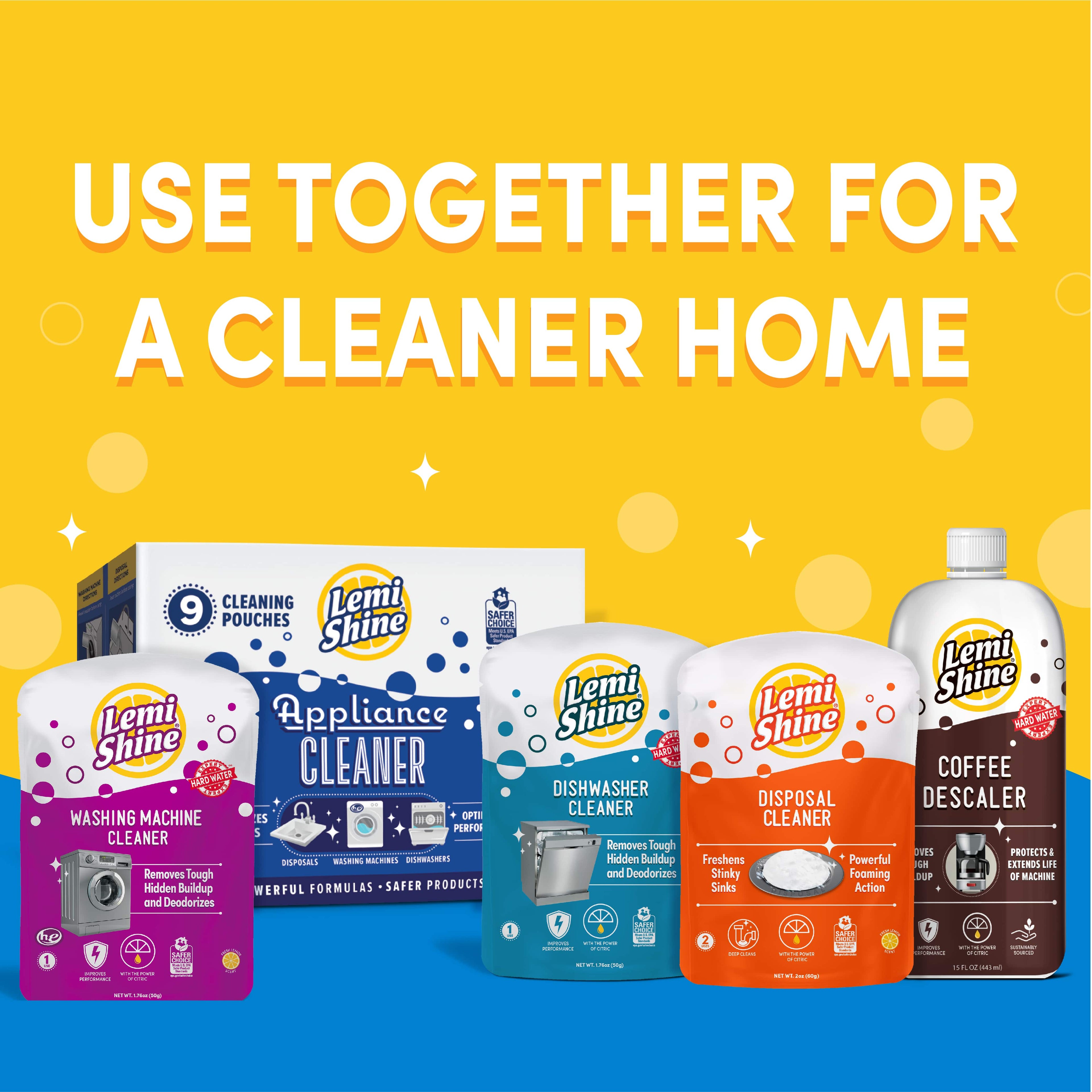 Lemi Shine cleaning products on a yellow and blue background with text 'Use Together for a Cleaner Home'.