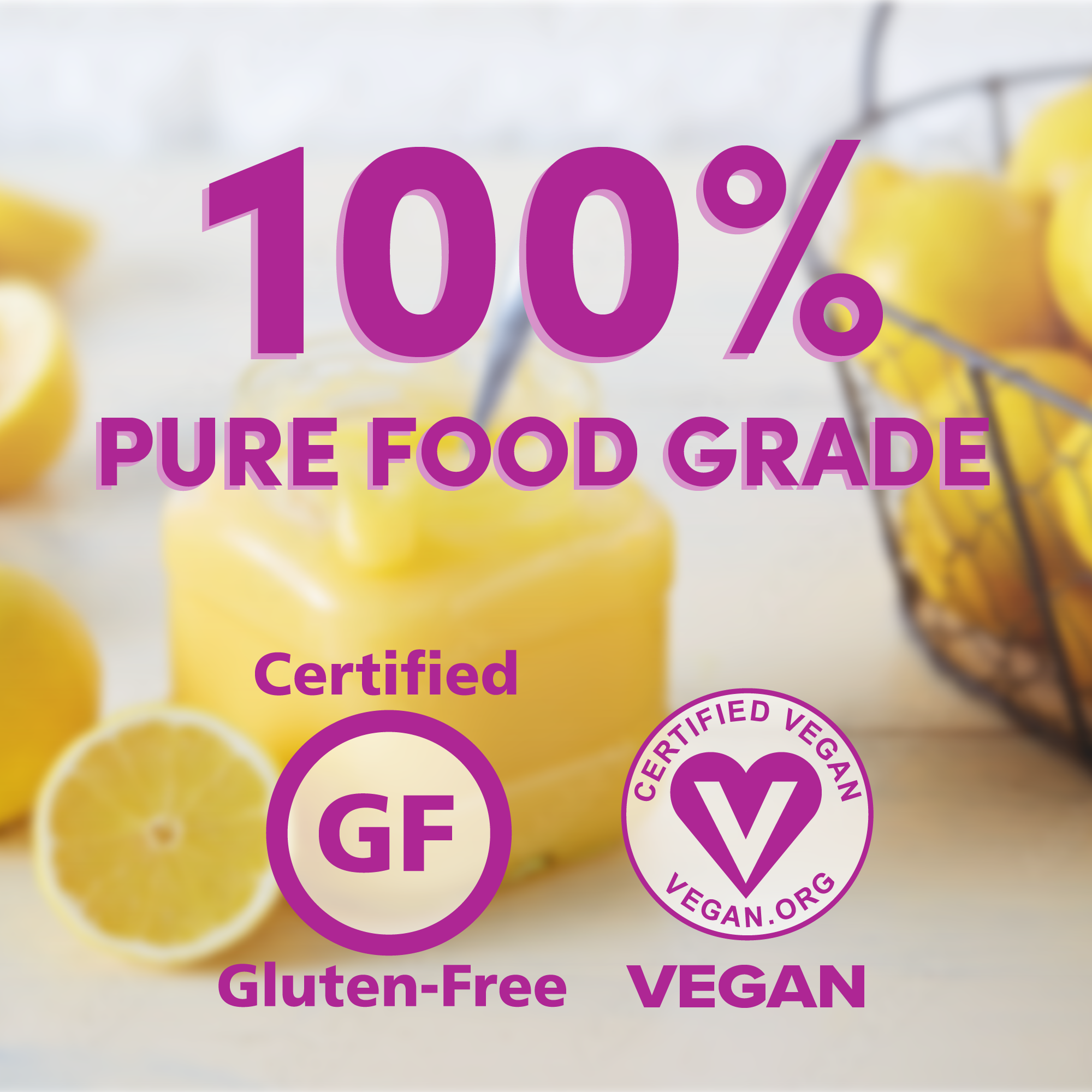 Lemons with '100% Pure Food Grade', 'Certified GF', and 'Vegan' labels on a light background.