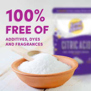 Bowl of white powder with a wooden spoon on a light surface, with text about additive-free product.