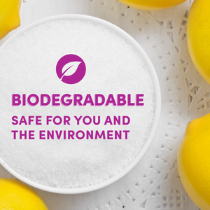 Biodegradable product with a leaf logo and text on a white background
