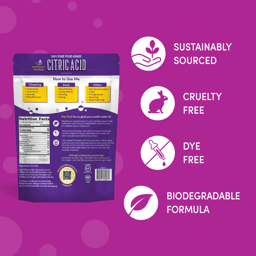 Citric acid packaging with sustainability features on a purple background