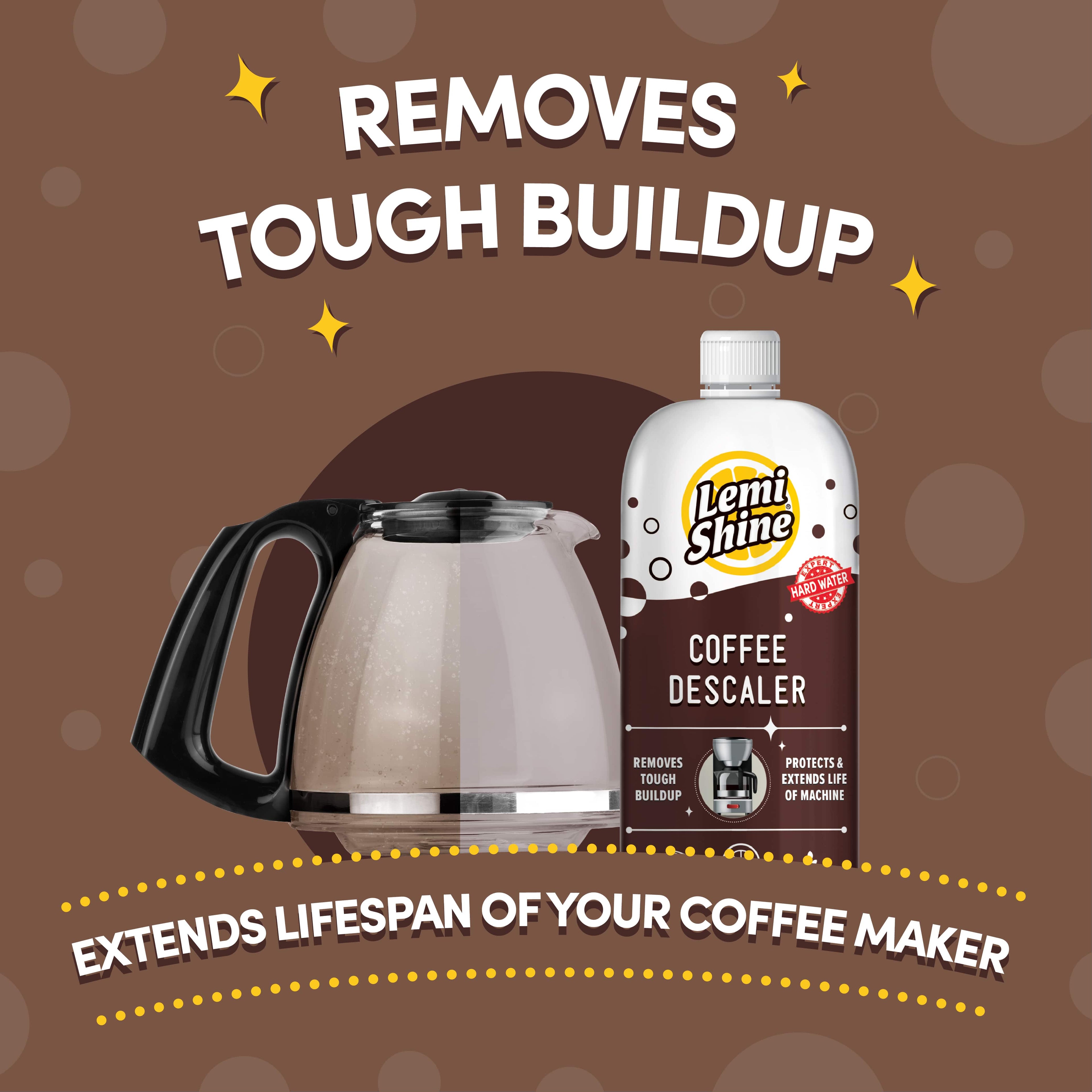 Lemi Shine coffee descaler with a coffee maker on a brown background