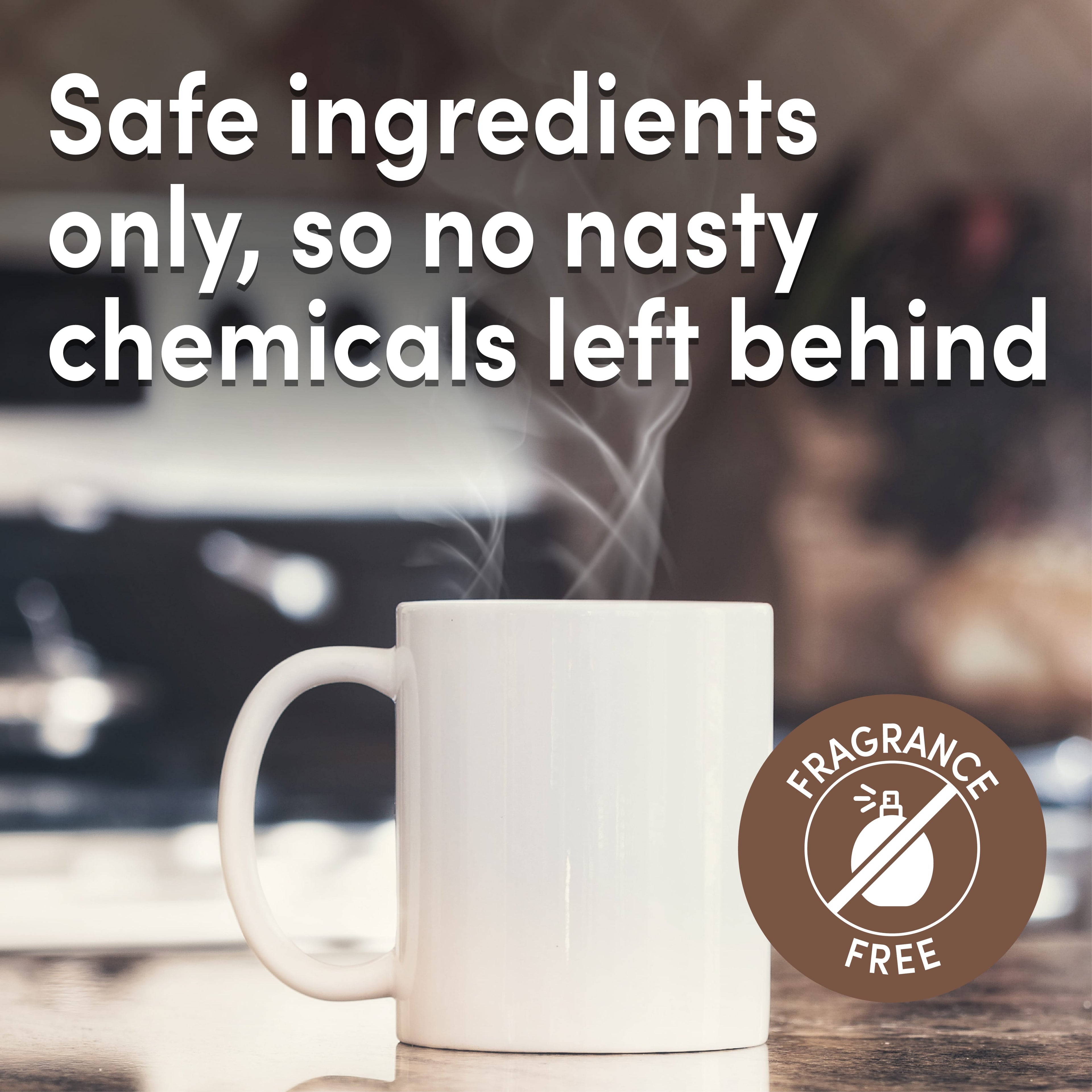 White mug with steam and 'fragrance free' label. Safe ingredients only.