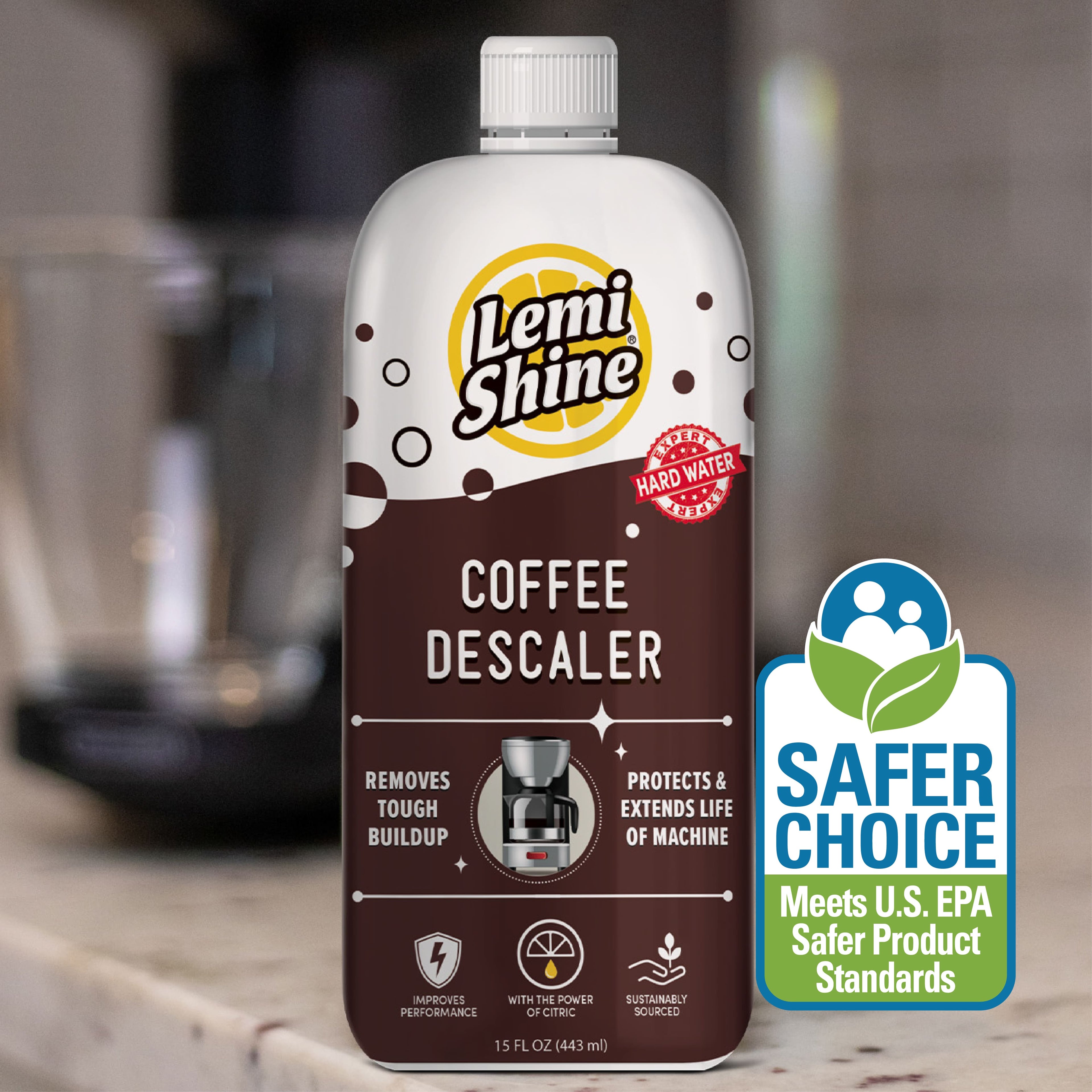 Lemi Shine Coffee Descaler bottle with a safer choice icon