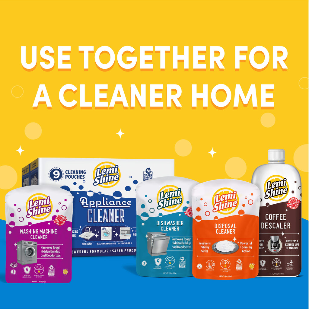 Lemi Shine cleaning products on a yellow and blue background with text 'Use Together for a Cleaner Home'.