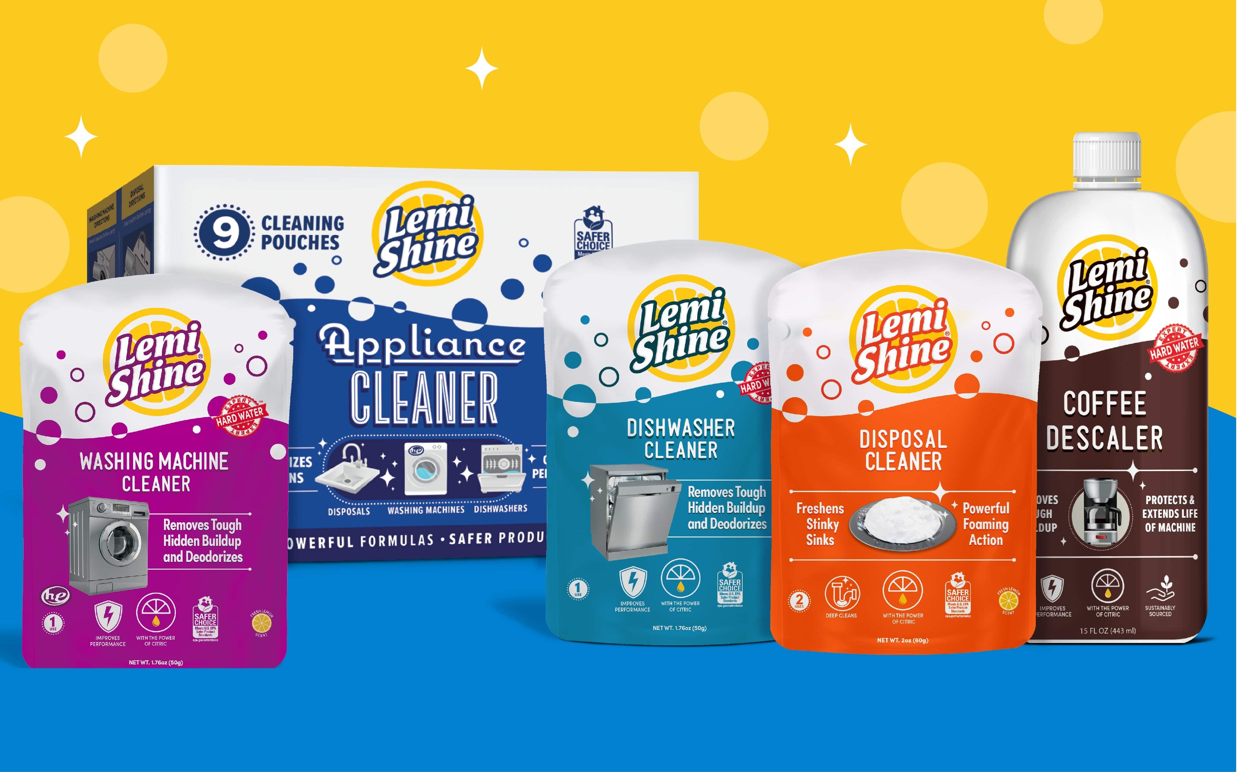Lemi Shine cleaning products on a blue and yellow background